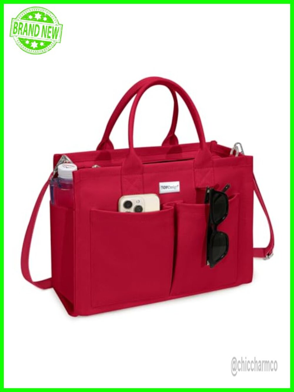 Heavyweight 16oz Canvas Tote Bag with 9 Pockets Adjustable Crossbody Shoulder